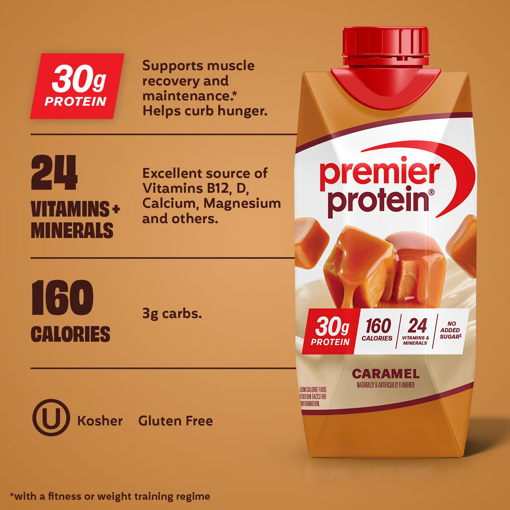 Premier Protein 30g High Protein Shake, Caramel, 4 Pack | 160 Calories, 24 Vitamins & Minerals, No Added Sugar, Supports Muscle Health, Gluten-Free, 11 oz