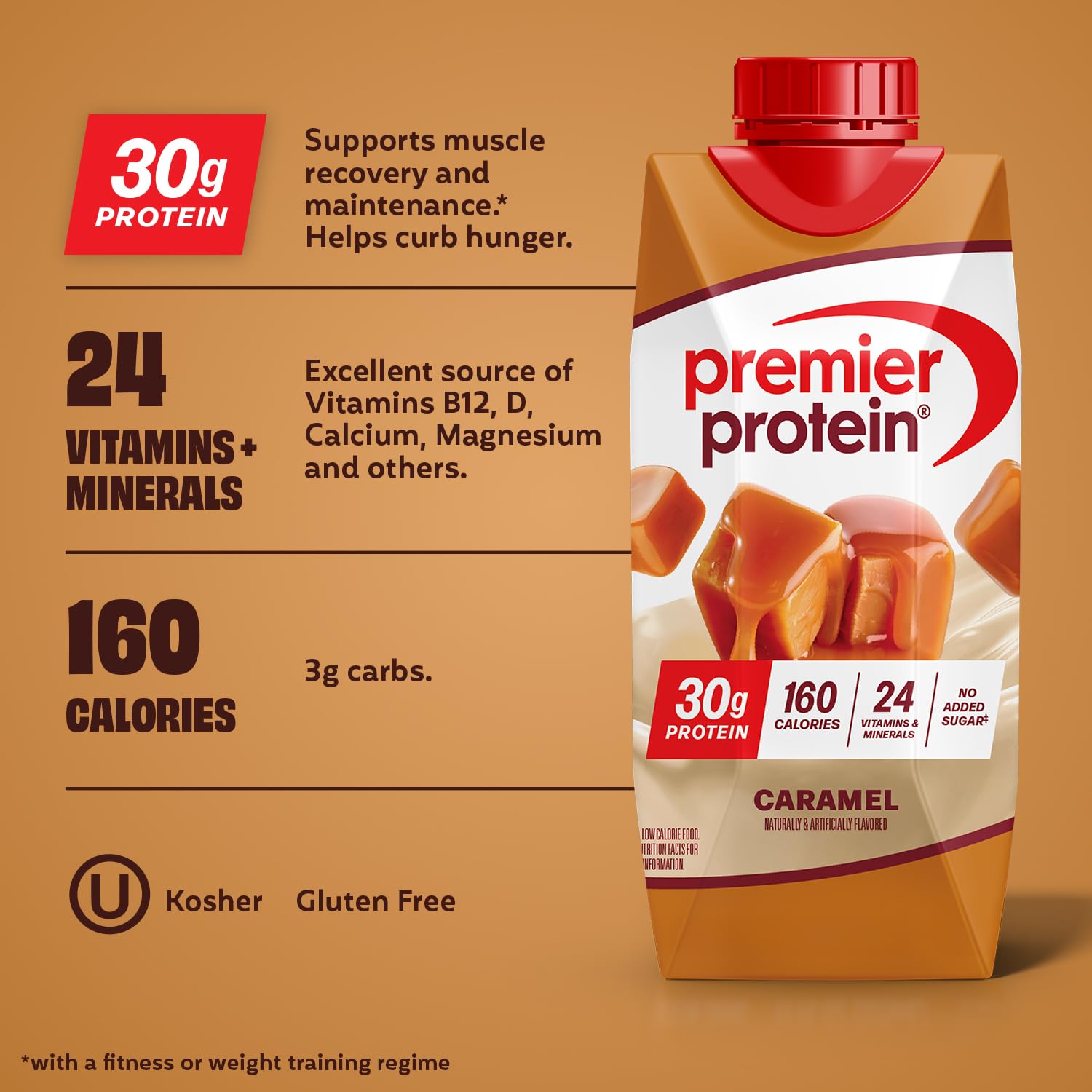 Premier Protein 30g High Protein Shake, Caramel, 4 Pack | 160 Calories, 24 Vitamins & Minerals, No Added Sugar, Supports Muscle Health, Gluten-Free, 11 oz