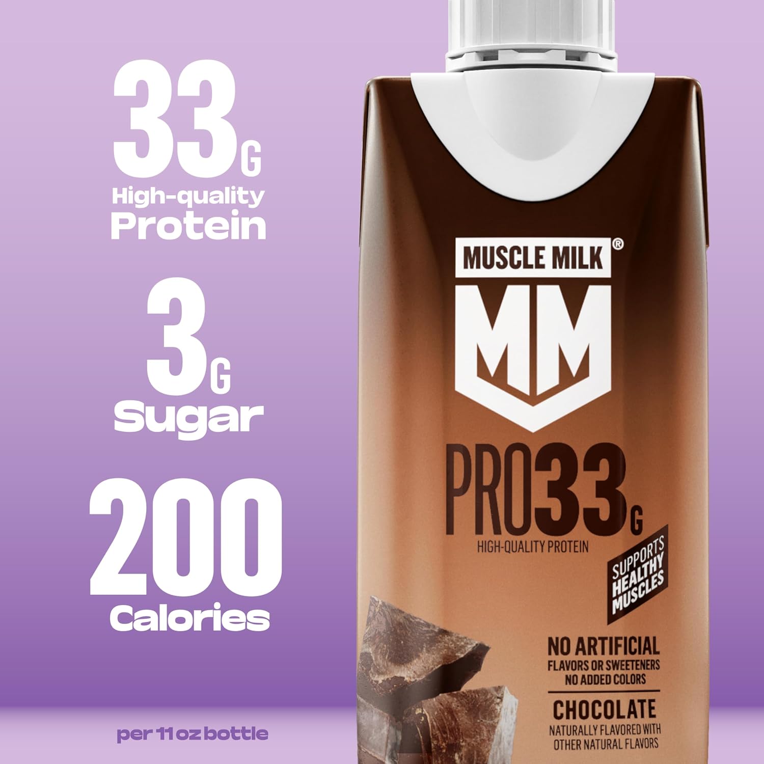 Muscle Milk Pro Liquid High Protein Shake, Chocolate, 11 Fl Oz (Pack of 12) | Ultra Filtered Milk, 33g Protein, 3g Sugar, 200 Calories, No Artificial Flavors, No Artificial Sweeteners, No Added Colors