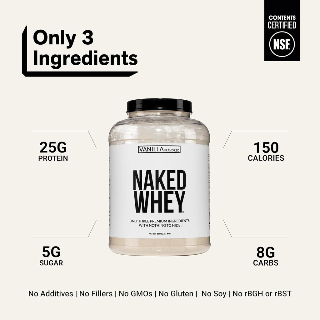 NAKED Vanilla Whey Protein Powder - All Natural Grass Fed Whey Protein Powder, Vanilla Flavor, Organic Coconut Sugar, 5Lb Bulk, NSF Certified, GMO-Free, Soy Free, Gluten Free - 61 Servings