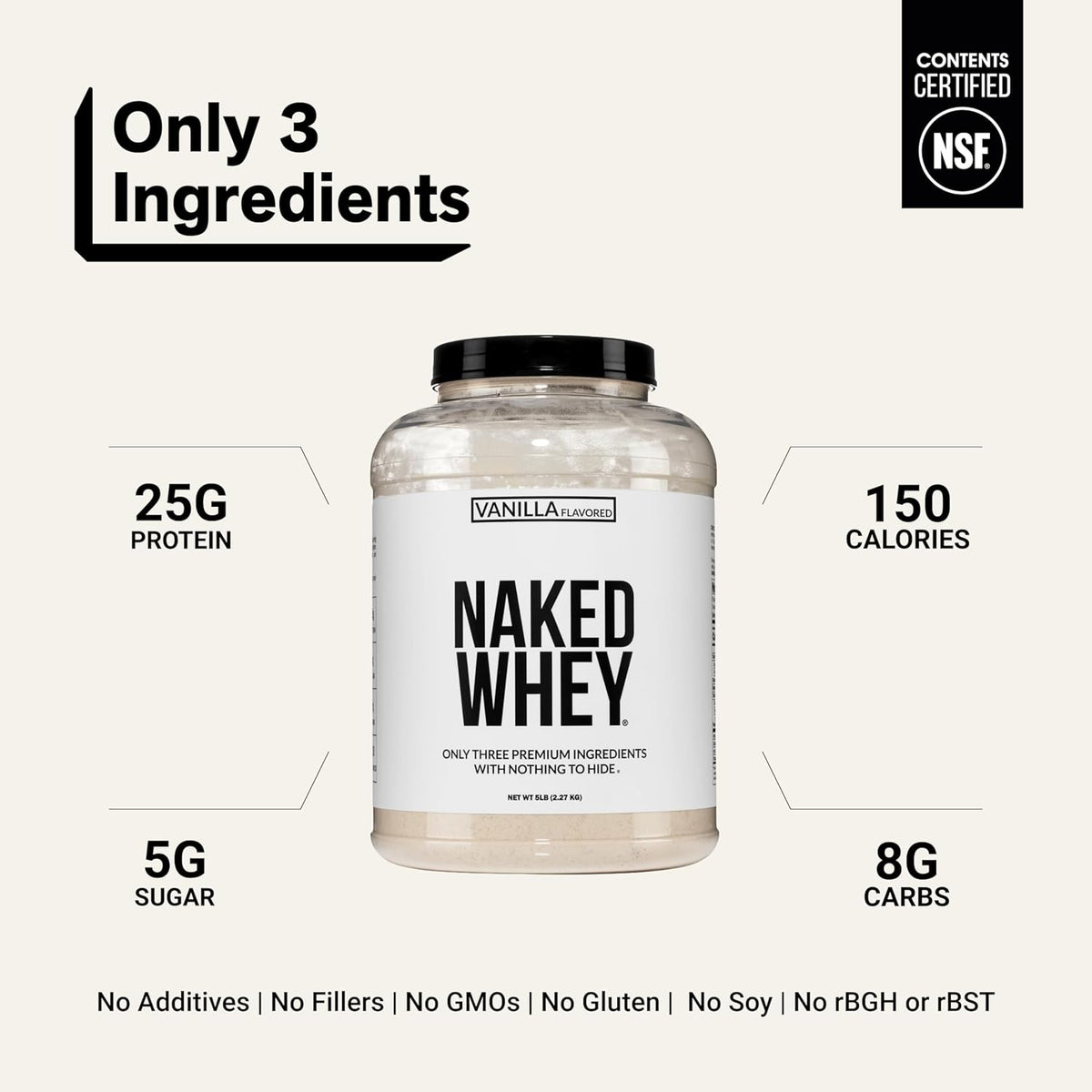 NAKED Vanilla Whey Protein Powder - All Natural Grass Fed Whey Protein Powder, Vanilla Flavor, Organic Coconut Sugar, 5Lb Bulk, NSF Certified, GMO-Free, Soy Free, Gluten Free - 61 Servings