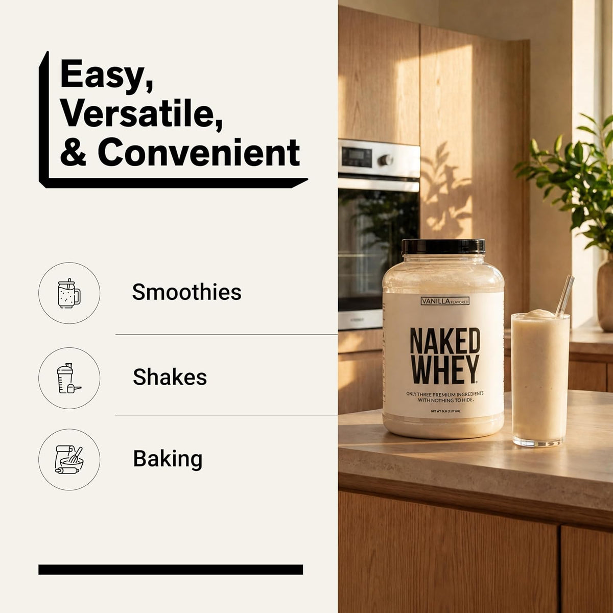 NAKED Vanilla Whey Protein Powder - All Natural Grass Fed Whey Protein Powder, Vanilla Flavor, Organic Coconut Sugar, 5Lb Bulk, NSF Certified, GMO-Free, Soy Free, Gluten Free - 61 Servings