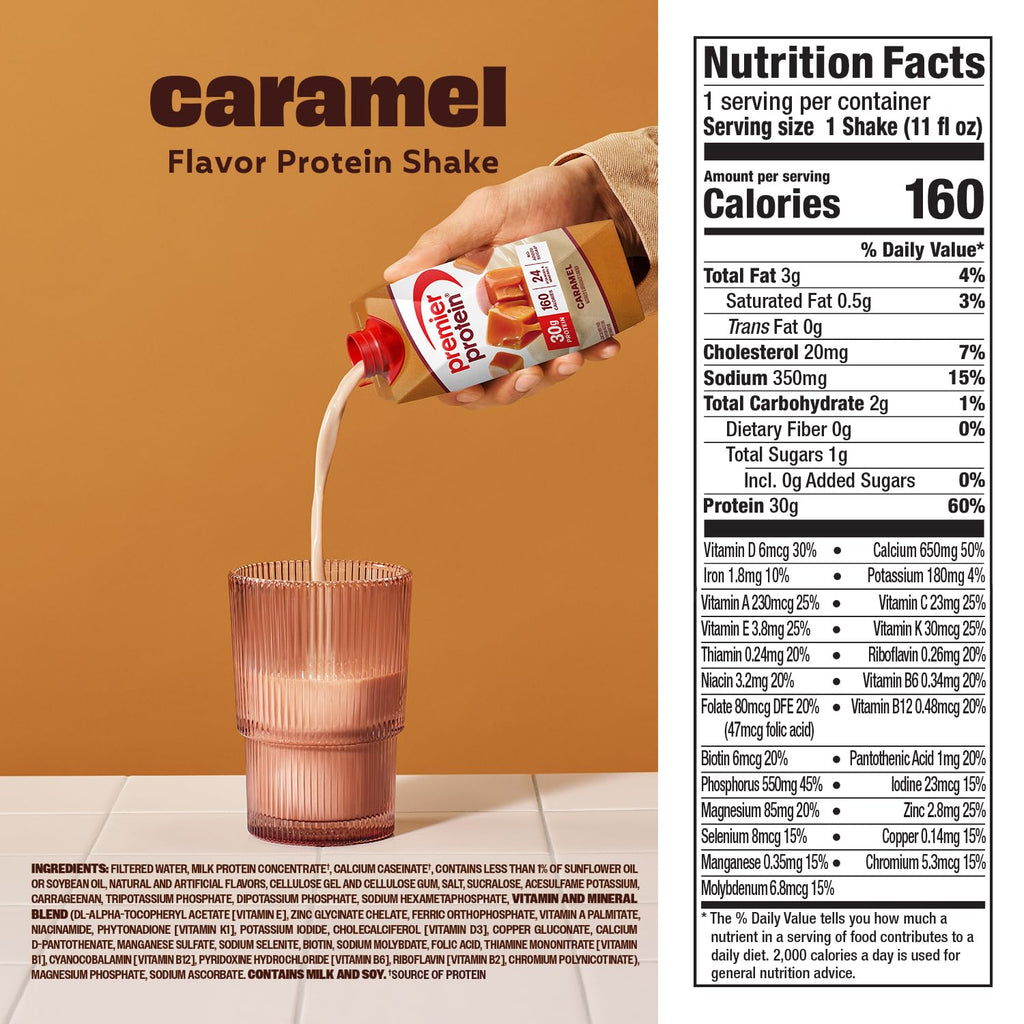 Premier Protein 30g High Protein Shake, Caramel, 4 Pack | 160 Calories, 24 Vitamins & Minerals, No Added Sugar, Supports Muscle Health, Gluten-Free, 11 oz