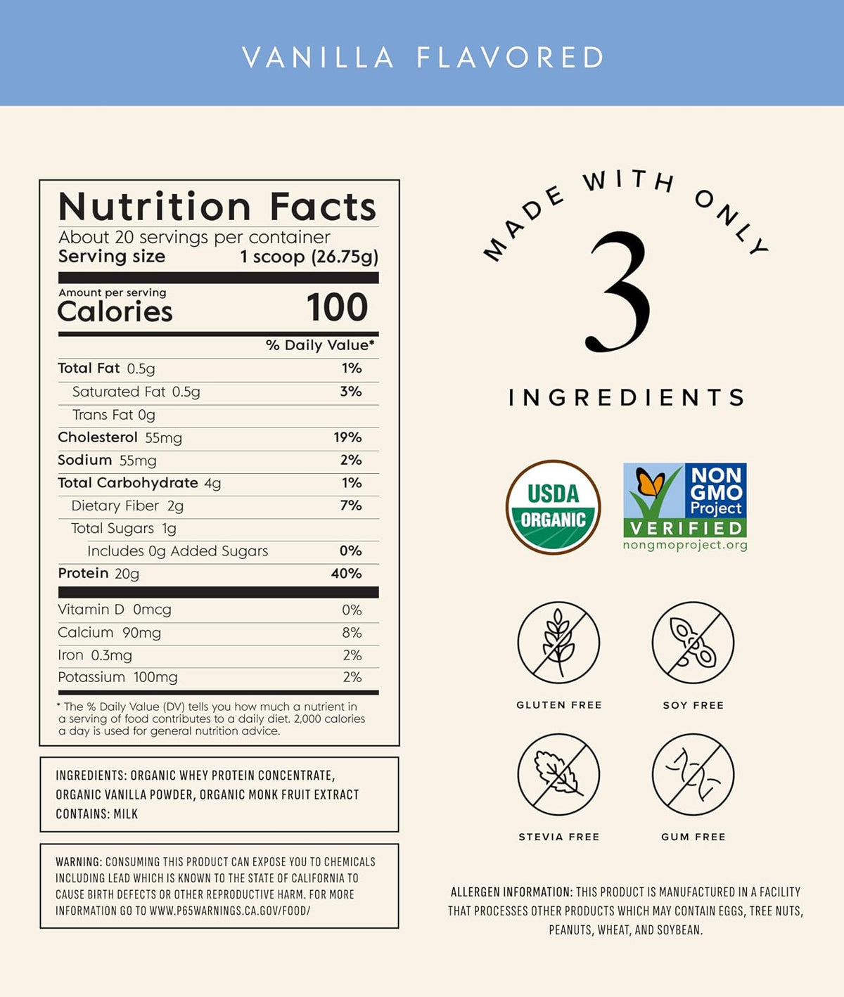 Truvani Organic Whey Protein Powder | Vanilla | 20 Servings