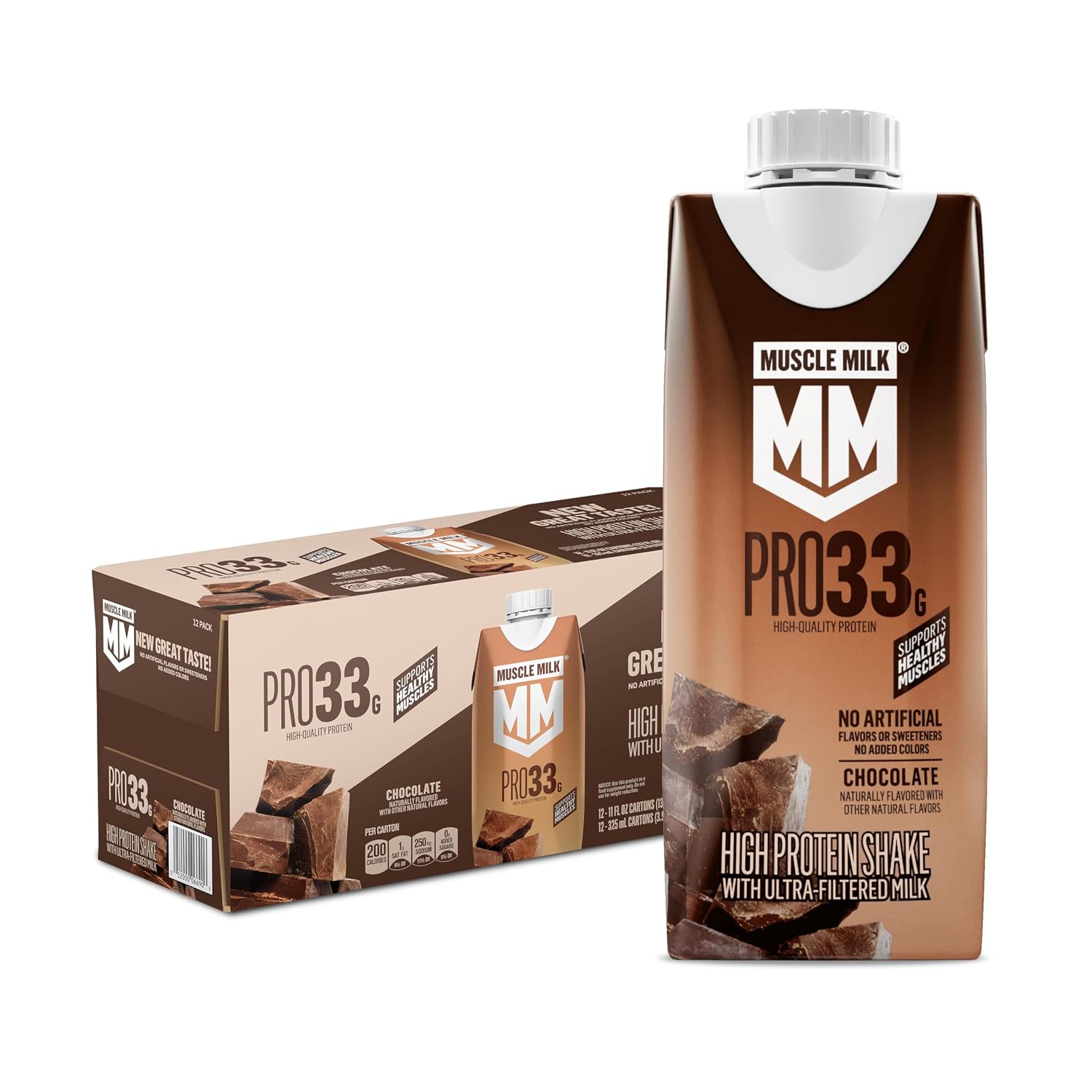 Muscle Milk Pro Liquid High Protein Shake, Chocolate, 11 Fl Oz (Pack of 12) | Ultra Filtered Milk, 33g Protein, 3g Sugar, 200 Calories, No Artificial Flavors, No Artificial Sweeteners, No Added Colors
