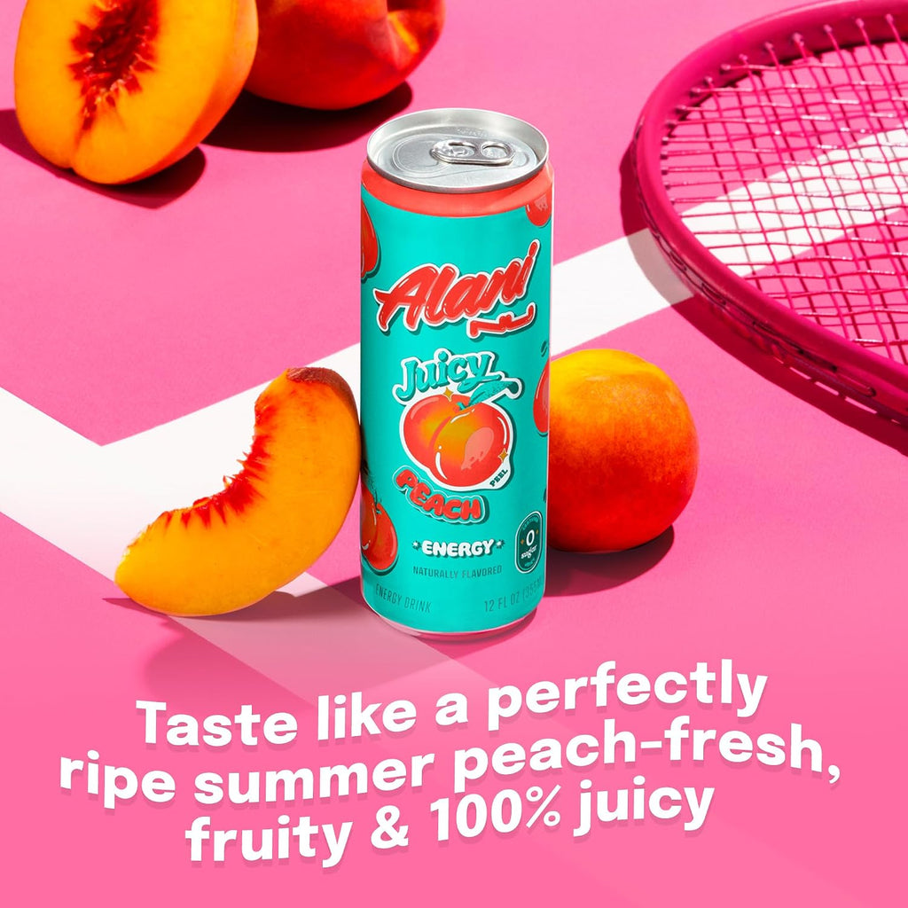 Alani Nu JUICY PEACH, Sugar Free, Low Calorie Energy Drinks, 200mg Caffeine, Biotin, B Vitamins, Zero Sugar, 10 Calories, 12 Fl Oz Cans, 24 Pack