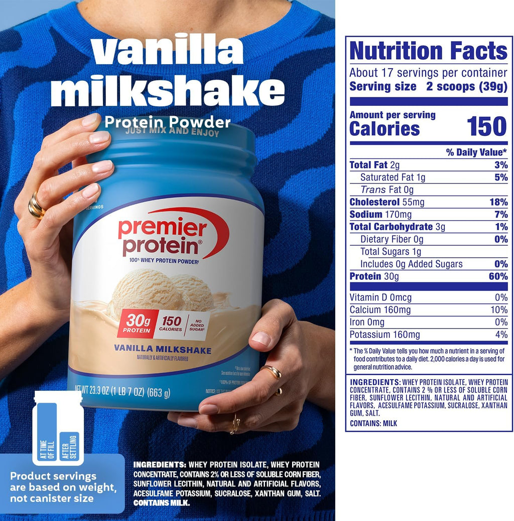 Premier Protein 30g High Protein Powder, 100% Whey, Vanilla, 17 Servings | No Added Sugar, Supports Muscle Health, Soy & Gluten-Free, 1.5 lb